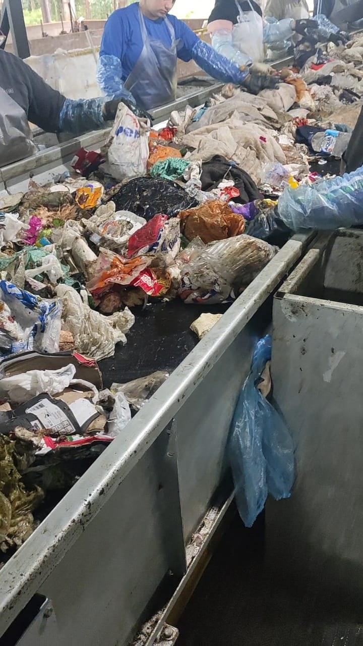 Cooperados separando materiais recicláveis na esteira de triagem do galpão