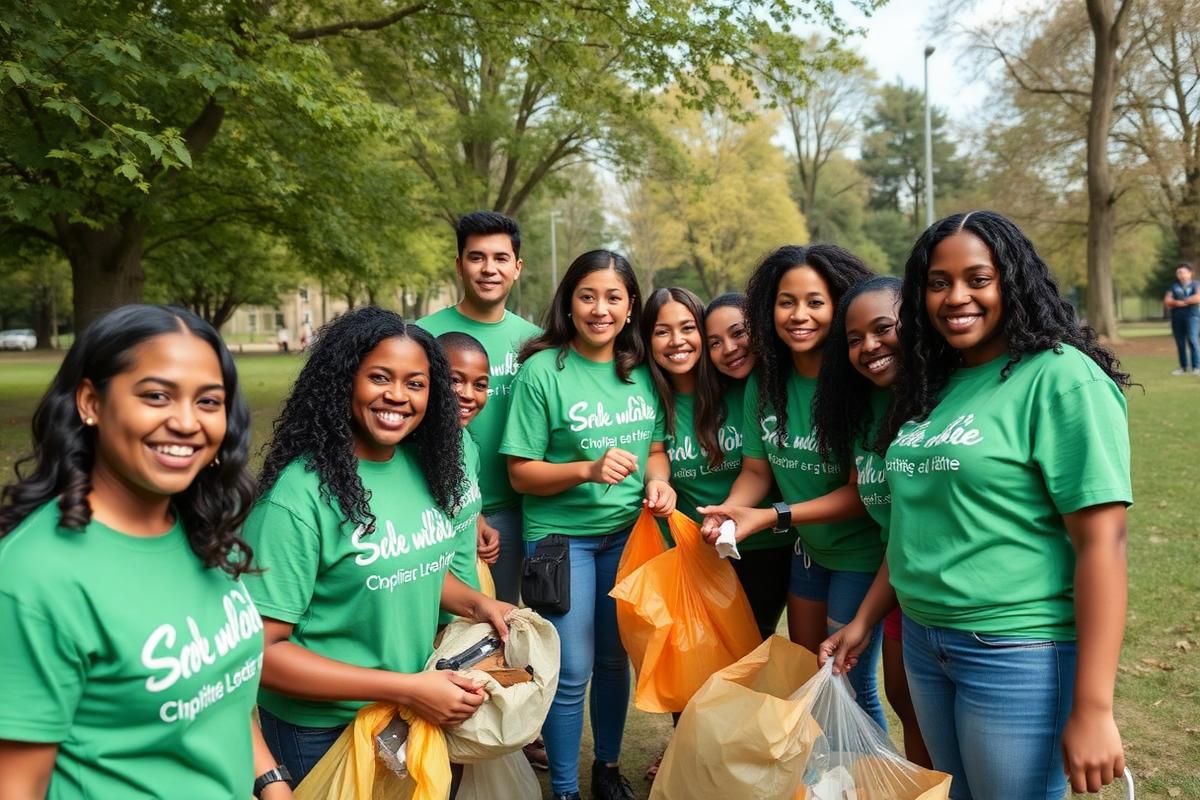 Grupo de voluntários recolhendo resíduos em um parque