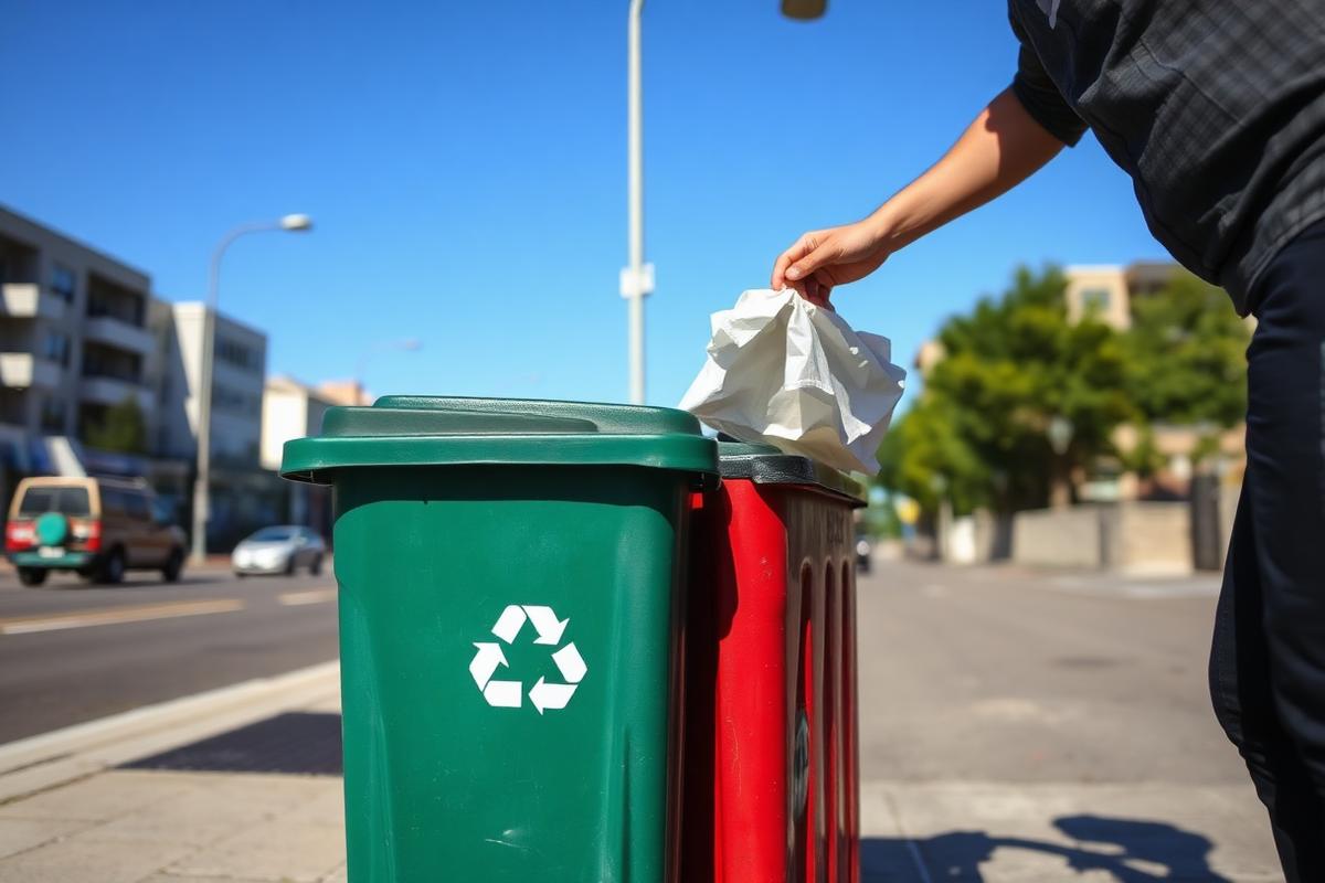 Pessoa descartando resíduo em contêiner de reciclagem na rua