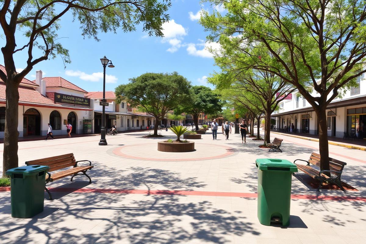Praça pública limpa com árvores, bancos e lixeiras de reciclagem