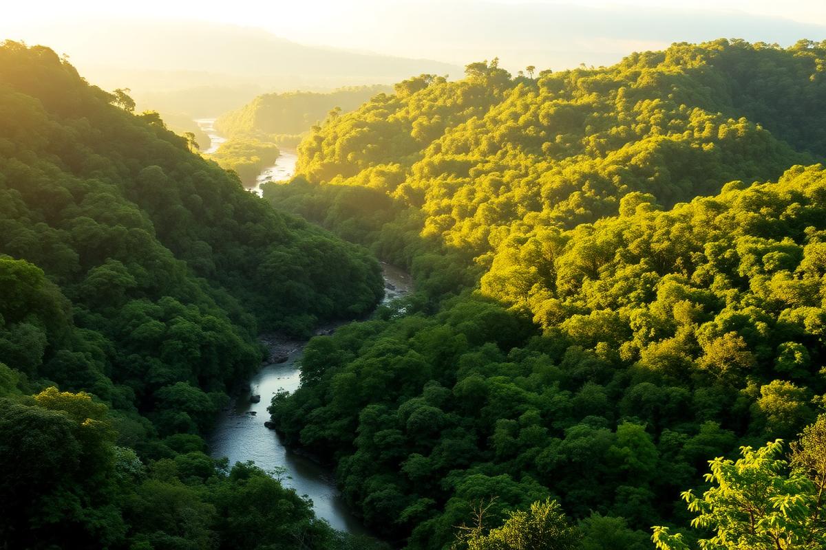 Vale verde preservado com rio e mata nativa ao amanhecer