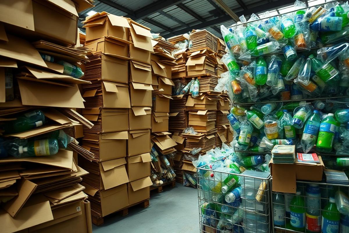 Fardos de papelão e garrafas plásticas organizados para reciclagem