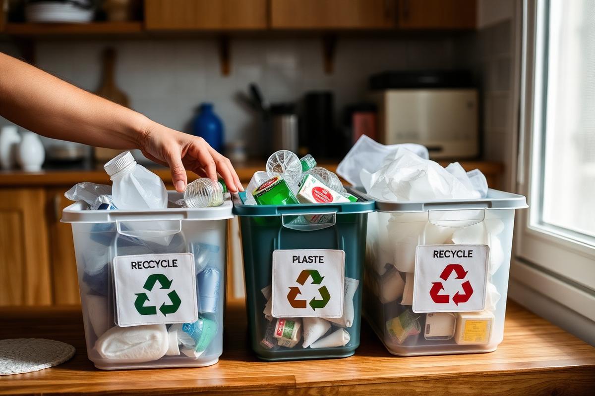 Mãos separando materiais recicláveis em caixas identificadas dentro de casa