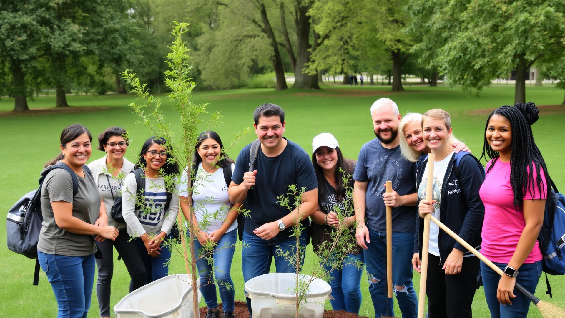 Grupo de voluntários da comunidade plantando árvores em área verde