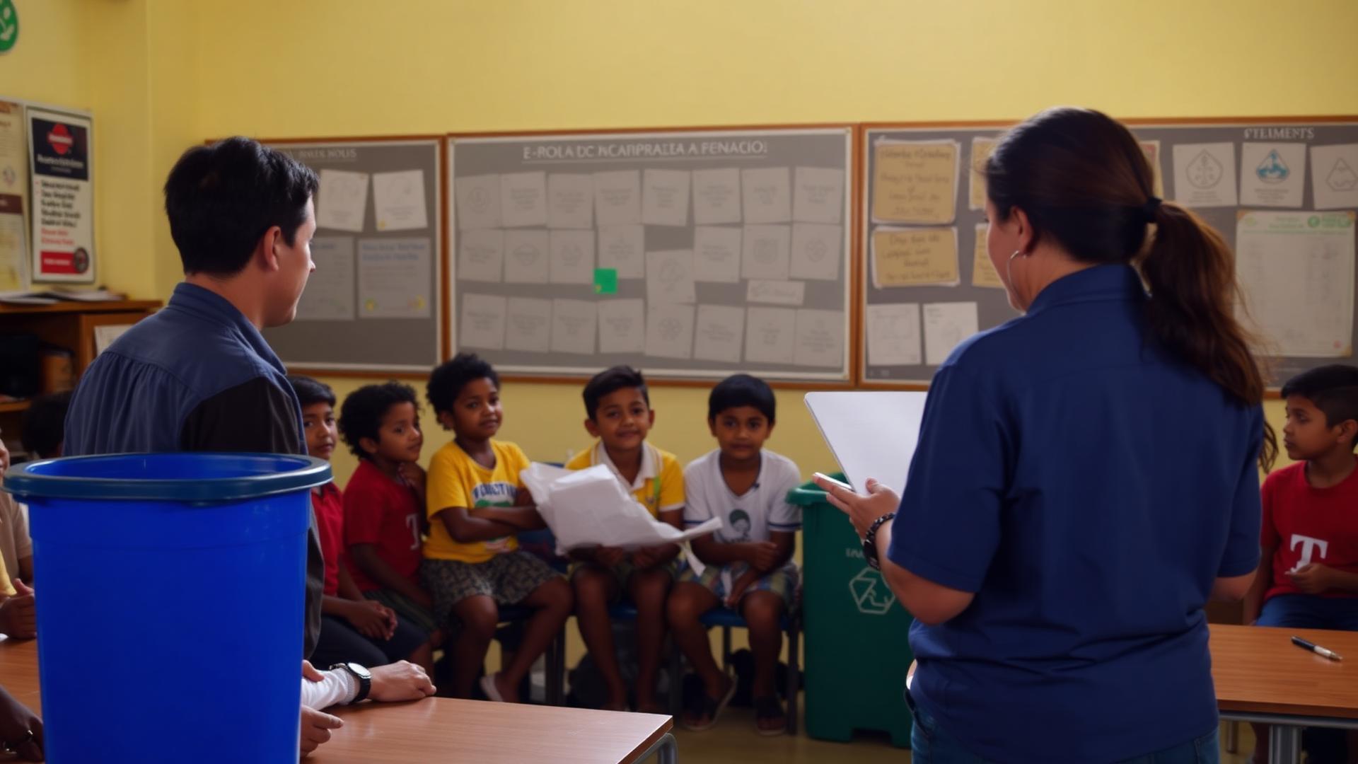 Ação de educação ambiental com estudantes aprendendo sobre separação de resíduos