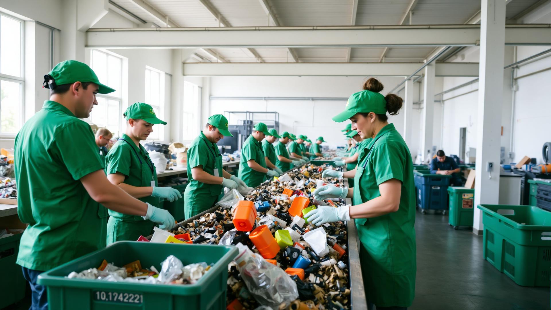 Cooperados uniformizados fazendo triagem de materiais recicláveis em galpão iluminado