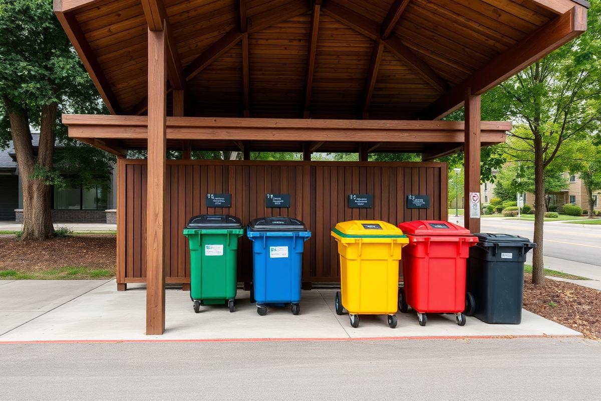 Ecoponto coberto com contêineres coloridos organizados para recebimento de recicláveis